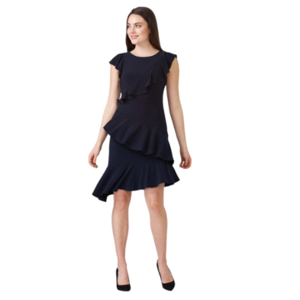 Joseph Ribkoff Navy Asymmetrical Ruffle Tiered Cocktail Dress Size 4 - Picture 3 of 11
